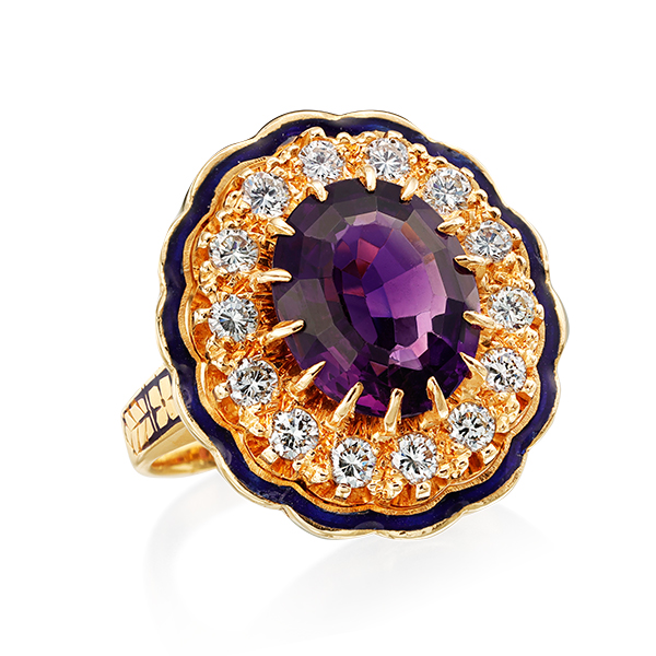 14K  Amethyst & Diamond Enamel Ring